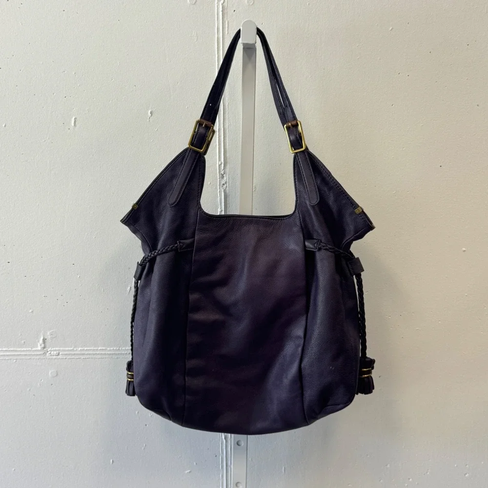 Elliott Lucca Sintra Purple Leather Hobo Bag Braided Tassel Large Tote Purple